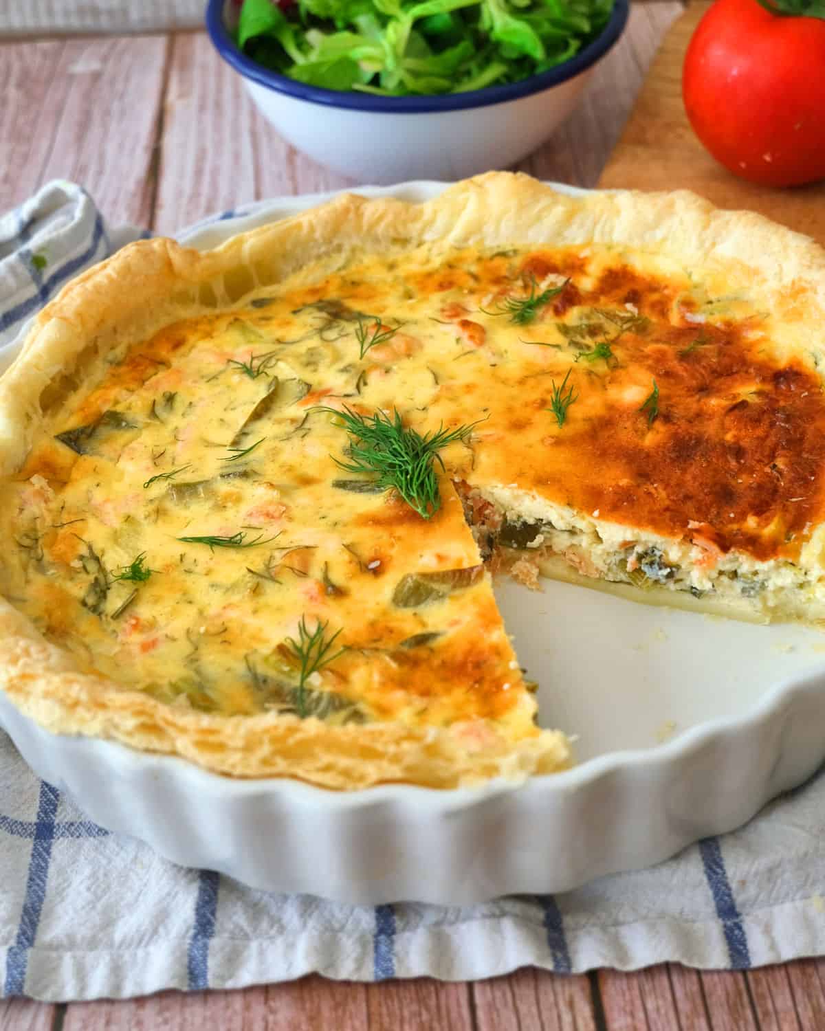 baked quiche with smoked salmon.