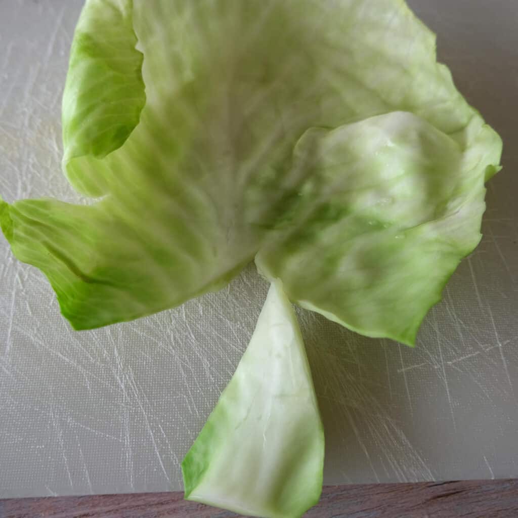 removing the stem from cabbage leaves