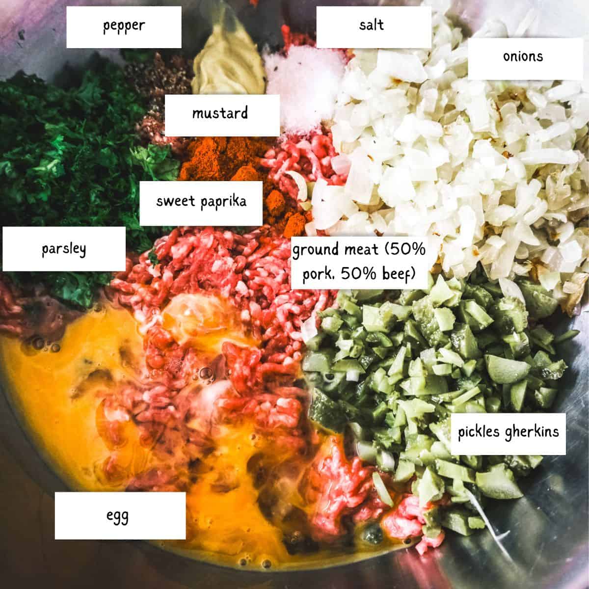 ingredients for Hackbraten - pepper, mustard, sweet paprika, parsley, ground meat, eggs, salt , onions and pickled ghkerins