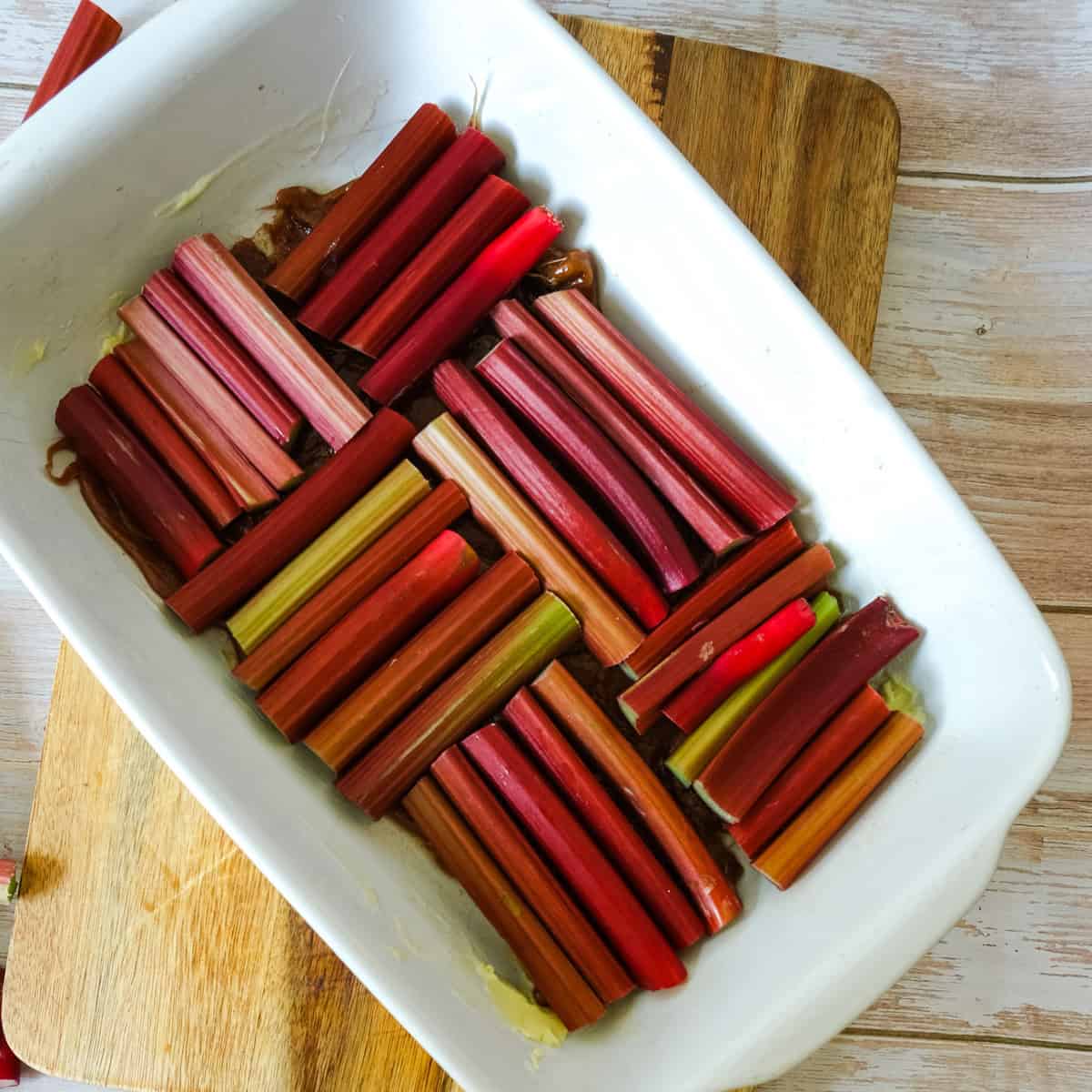 rhubarb stalks in casserole dish