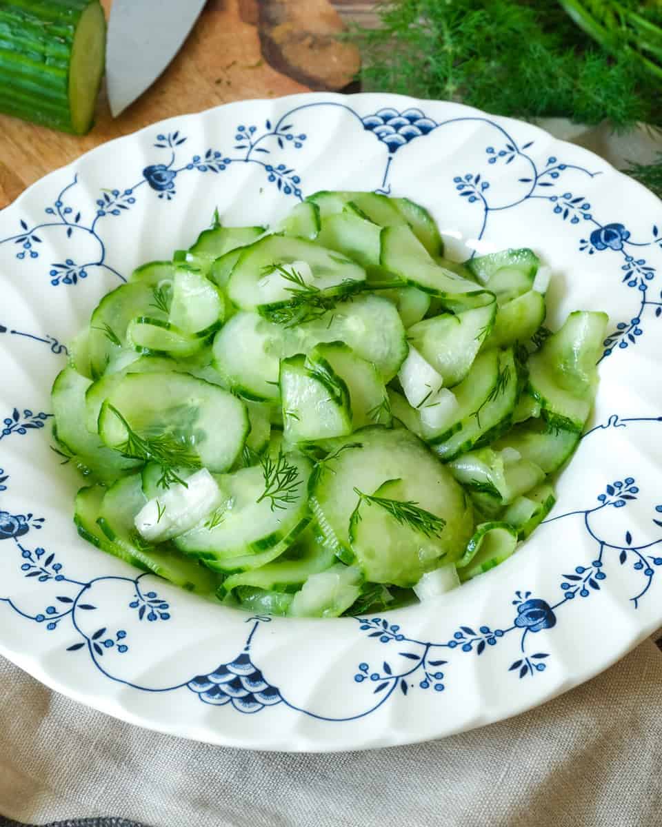 German Cucumber Salad with a Dill, Oil, Vinegar and Sugar Dressing
