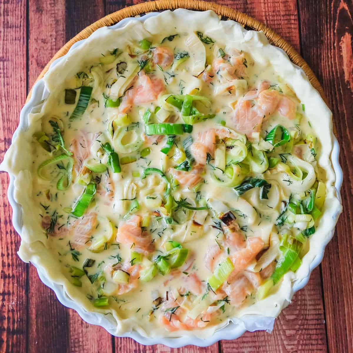 assembled quiche with smoked salmon