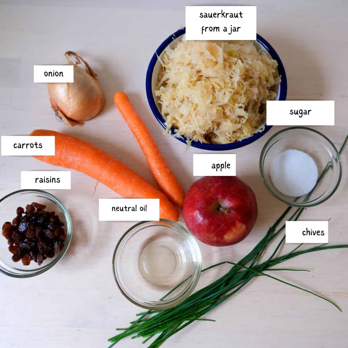 Sauerkraut Salad ingredients: Sauerkraut, Onion, Carrots, Rasins, neutral oil, apple, sugar and chives