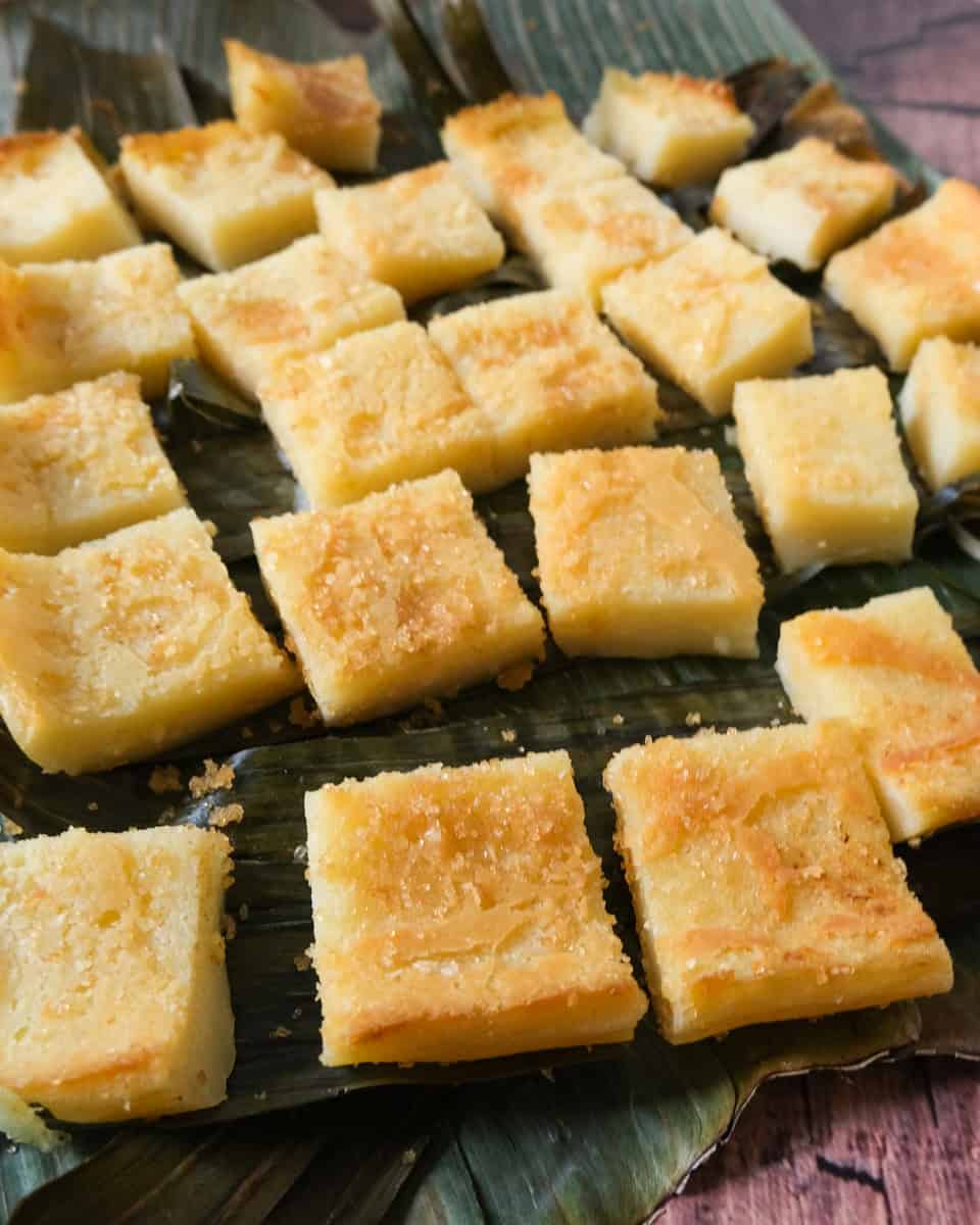 Bibinka bites on a banana leaf