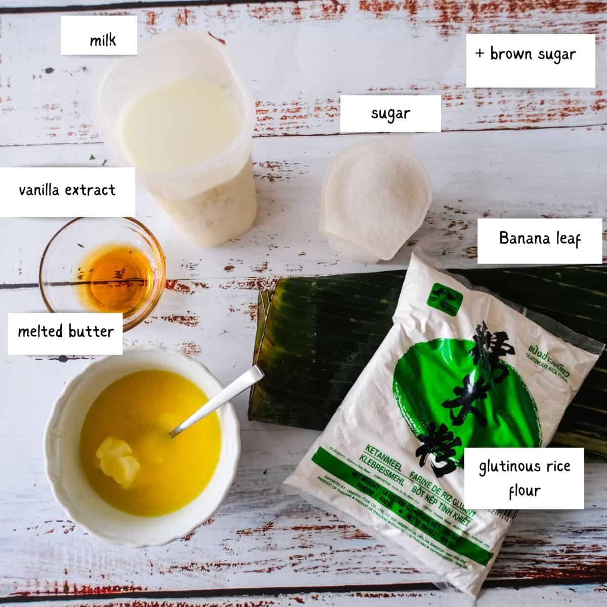 Bibinka Ingredients: milk, vanill extract, melted butter, sugar, brown sugar, banana leaf, glutinous rice
