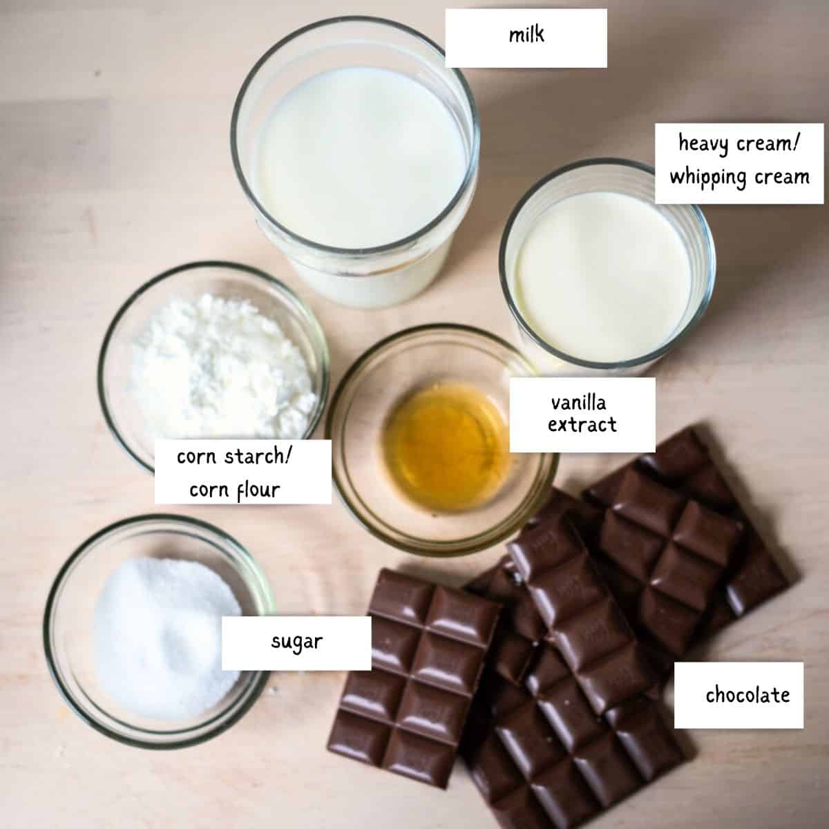 ingrdients for German chocolate pudding: milk, heavy cream, corn starch, vanilla extract, sugar, chocolate