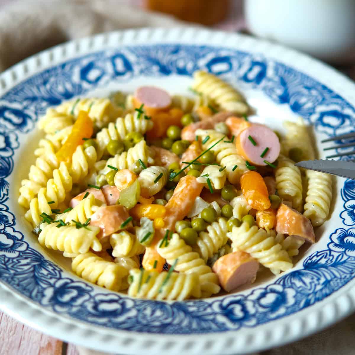 German pasta salads, with mayo, pickles and frankfurters