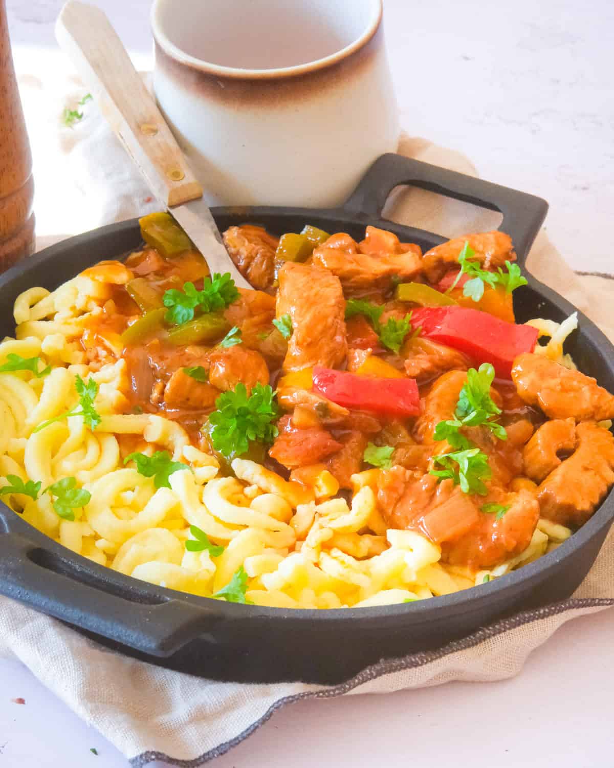 a bowl with turkey goulash